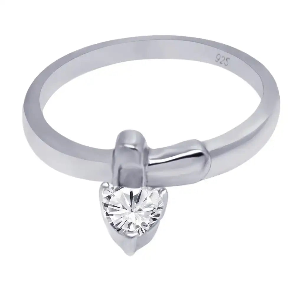 925 Sterling Silver Rhodium Plated CZ Dangling Heart Ring