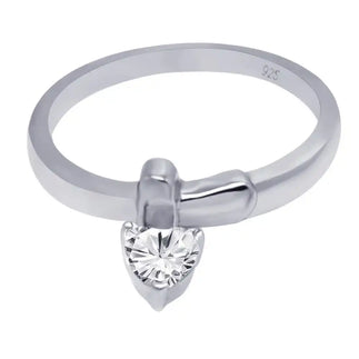 925 Sterling Silver Rhodium Plated CZ Dangling Heart Ring