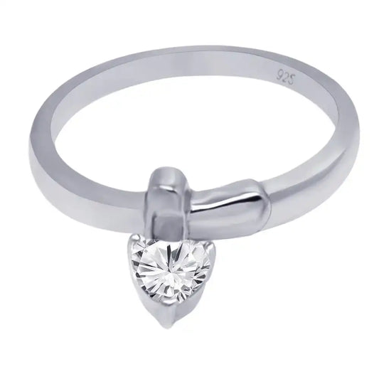 925 Sterling Silver Rhodium Plated CZ Dangling Heart Ring