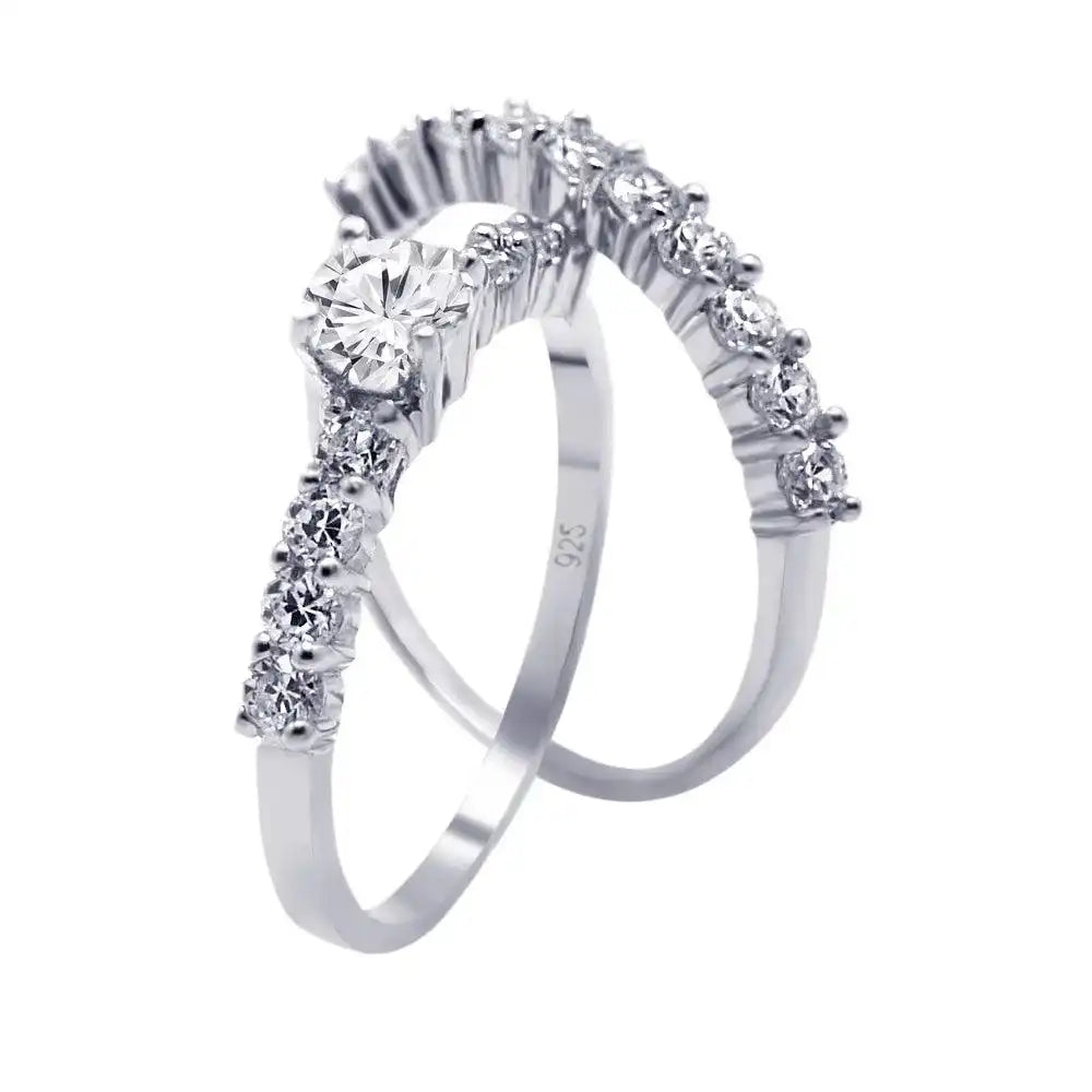925 Sterling Silver Rhodium Plated CZ Bridal Engagement Ring Set