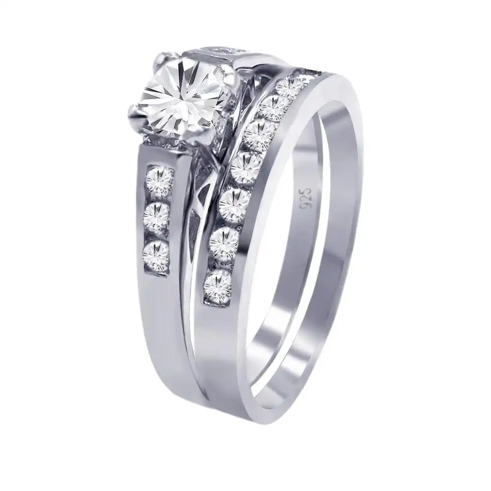 925 Sterling Silver Rhodium Plated CZ Bridal Engagement Ring Set