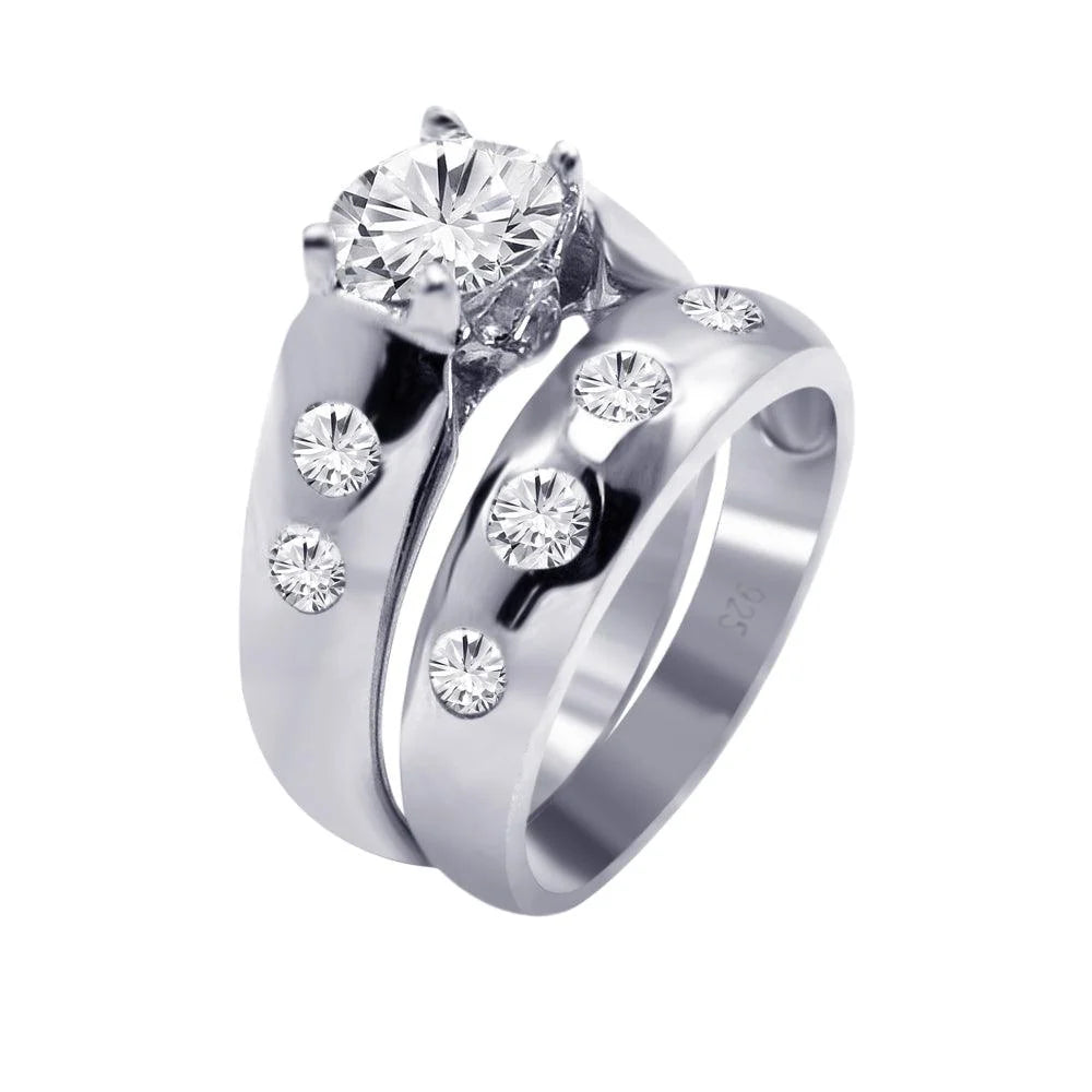 925 Silver Rhodium Plated Round Clear CZ Engagement Ring Set