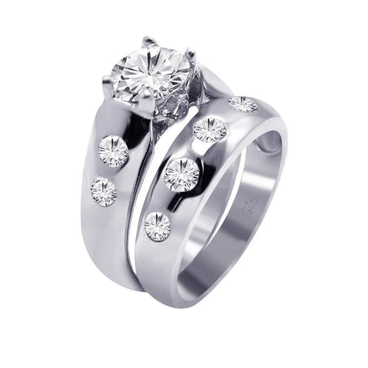 925 Silver Rhodium Plated Round Clear CZ Engagement Ring Set