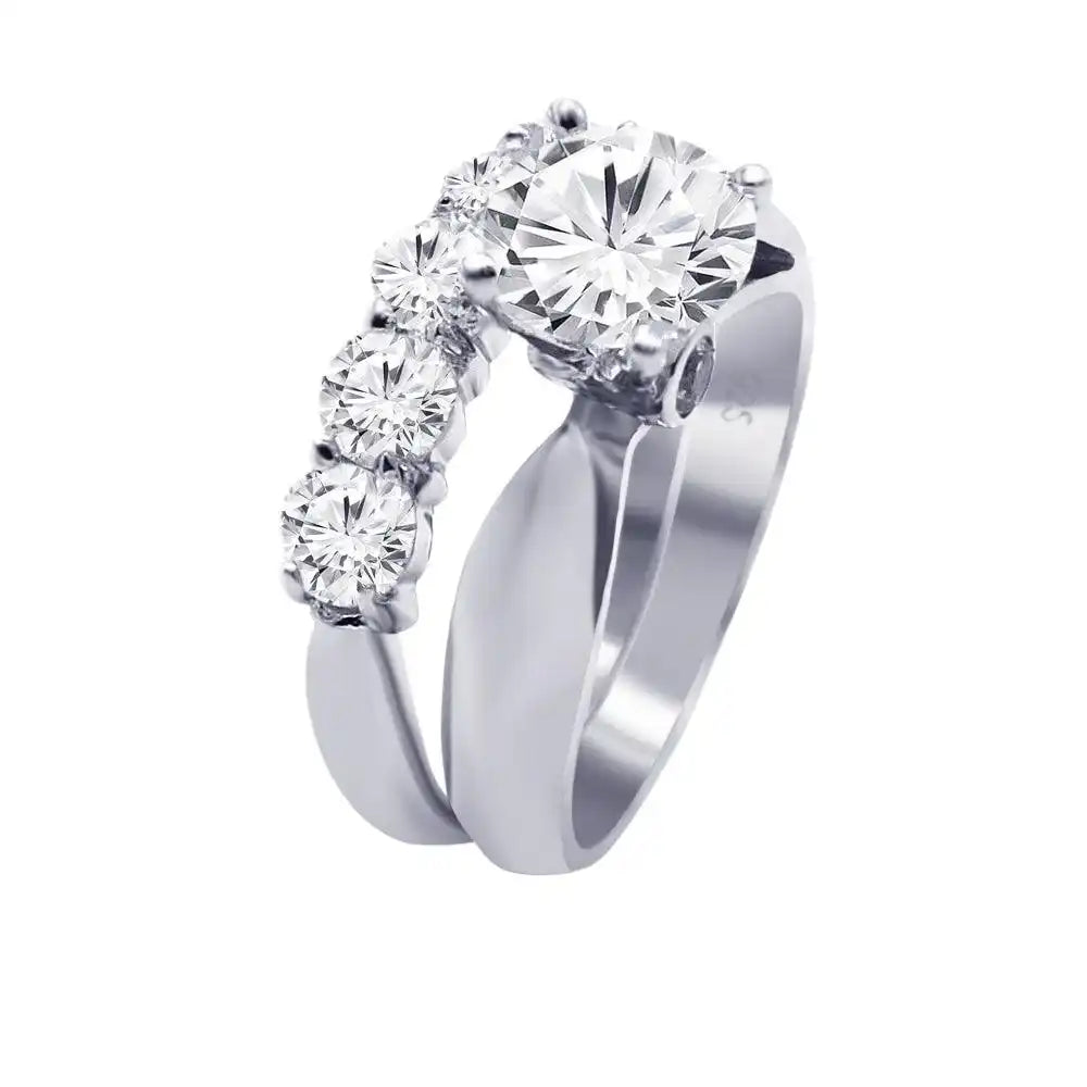 925 Sterling Silver Rhodium Plated Multi Clear Round CZ Engagement Ring