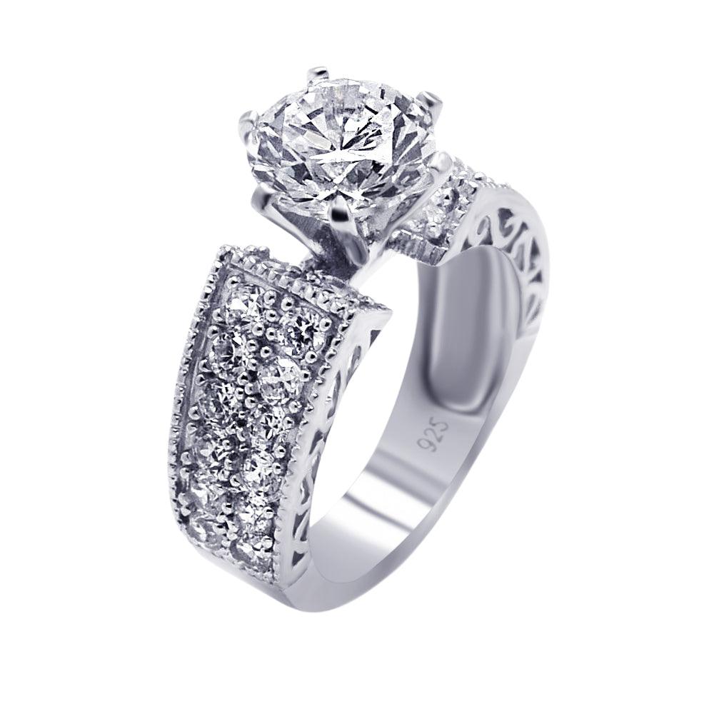 925 Silver Rhodium Plated Pave Set Clear Round Center CZ Engagement Ring