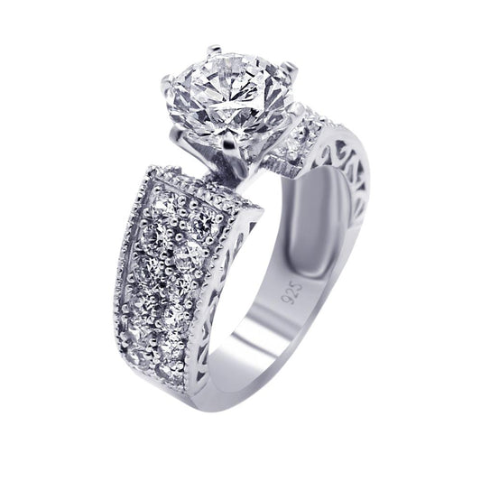 925 Silver Rhodium Plated Pave Set Clear Round Center CZ Engagement Ring
