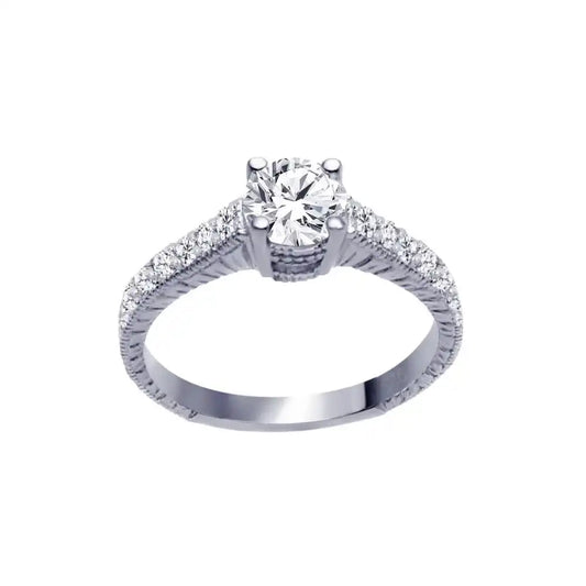 925 Sterling Silver Rhodium Plated Pave Round Center CZ Ring