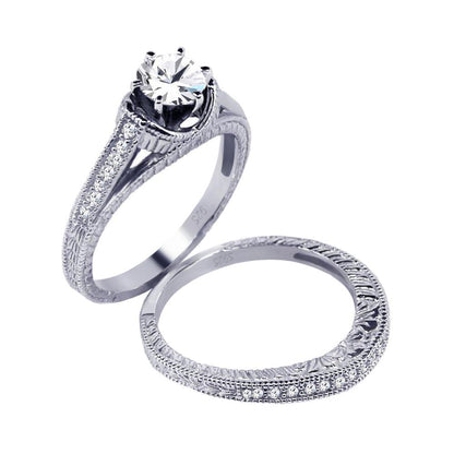 925 Silver Rhodium Plated Pave Clear Round CZ Engagement Ring Set