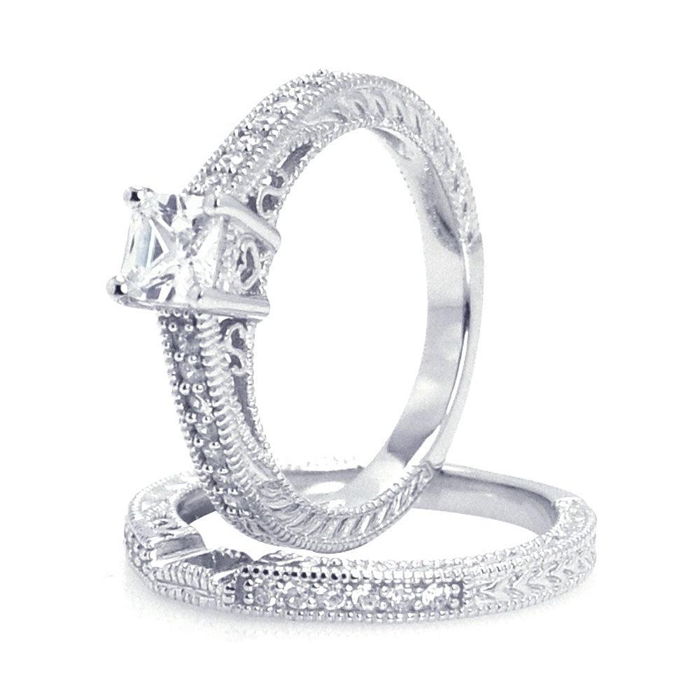 925 Silver Rhodium Plated Pave Princess Cut Center CZ Engagement Ring Set