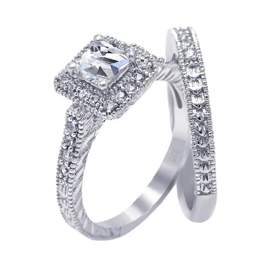 925 Sterling Silver Rhodium Plated Pave Clear Square Cluster CZ Engagement Ring Set