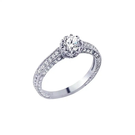 925 Sterling Silver Rhodium Plated Pave Round Center CZ Ring