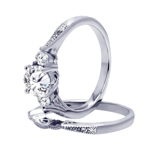925 Silver Rhodium Plated CZ Bridal Engagement Ring Set