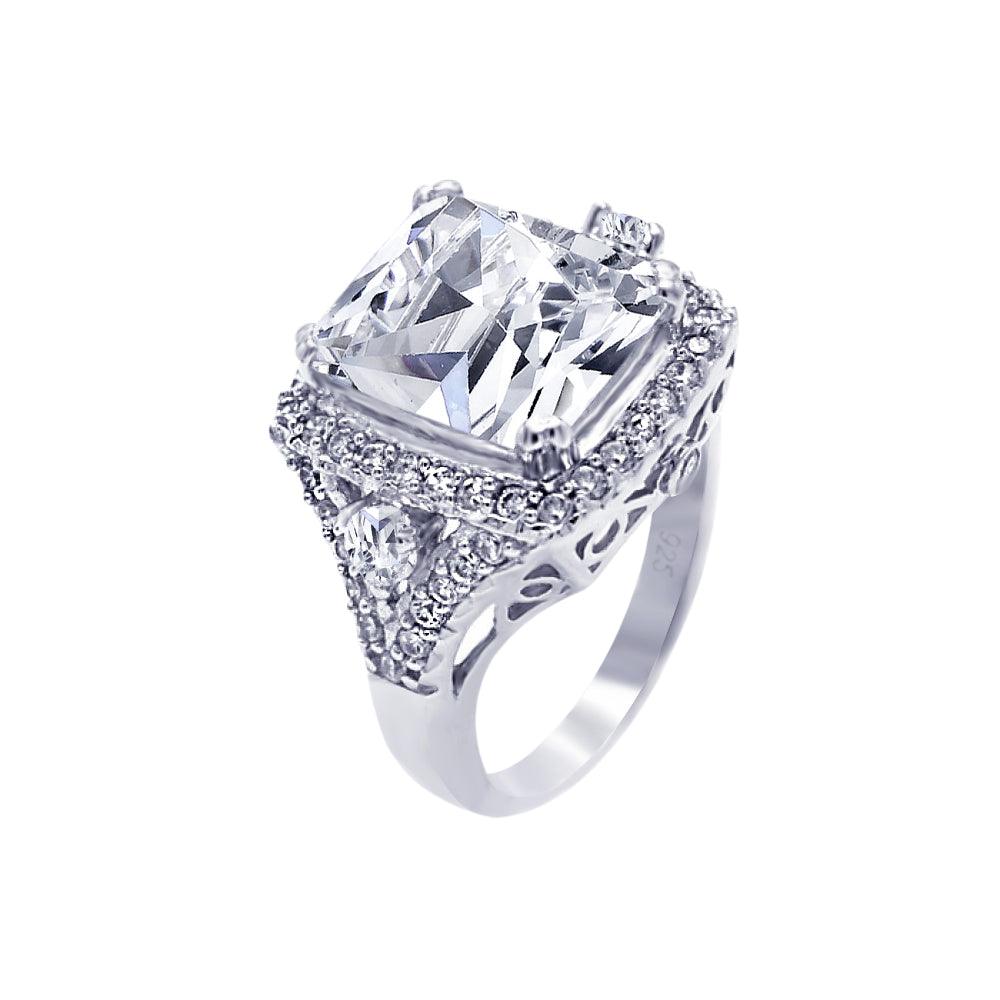 925 Silver Rhodium Plated Pave Clear Square Center Cluster CZ Ring
