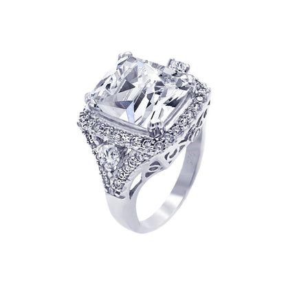 925 Silver Rhodium Plated Pave Clear Square Center Cluster CZ Ring