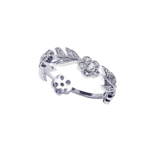 925 Sterling Silver Rhodium Plated CZ Flower Leaf Eternity Ring