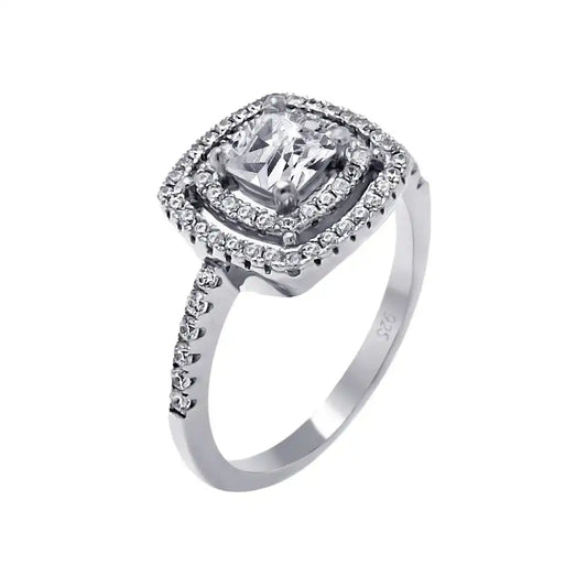 925 Sterling Silver Rhodium Plated Micro Pave Clear CZ Multi Layer Square Ring