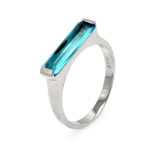 925 Sterling Silver Clearance Rhodium Plated Long Blue CZ Bar Ring