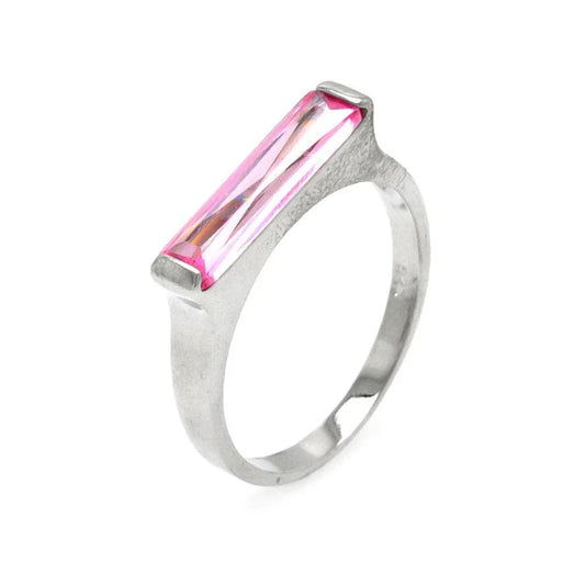 925 Silver Clearance Rhodium Plated Long Pink CZ Bar Ring