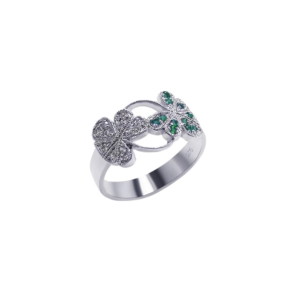 925 Silver Rhodium Plated Green and Clear CZ Clover Ring