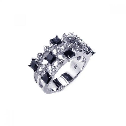 925 Sterling Silver Clearance Rhodium Plated Black and Clear CZ Ring
