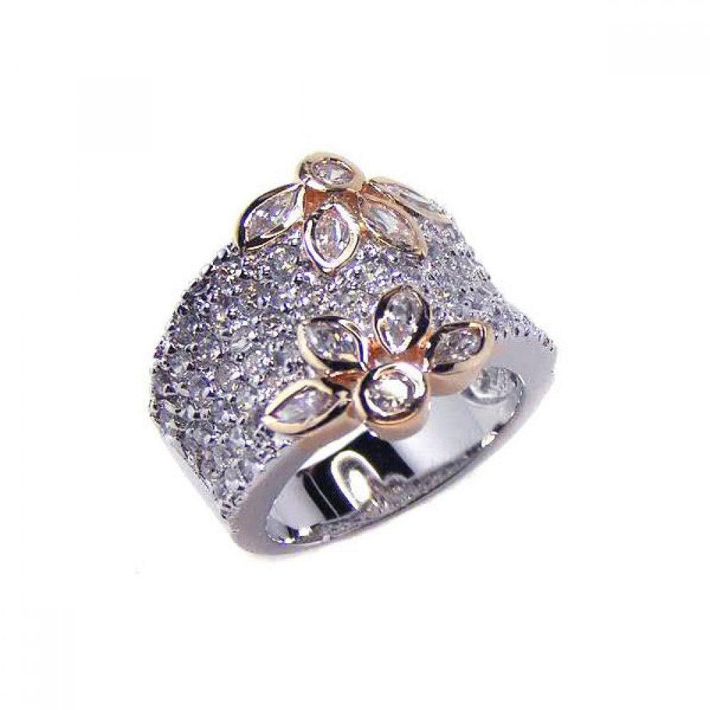 925 Silver Clearance-Rhodium and Gold Plated Clear Pave Set CZ Flower Ring