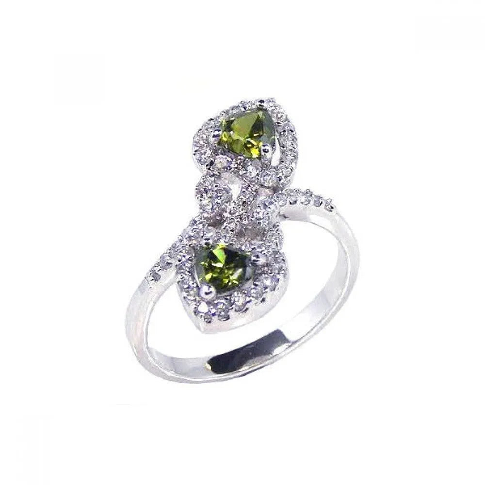 925 Sterling Silver Clearance Rhodium Plated Green and Clear CZ Double Heart Ring
