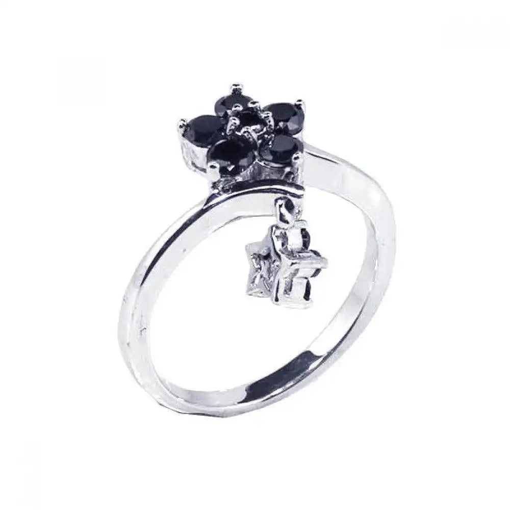 925 Sterling Silver Clearance Rhodium Plated Black CZ Dangling Flower Ring