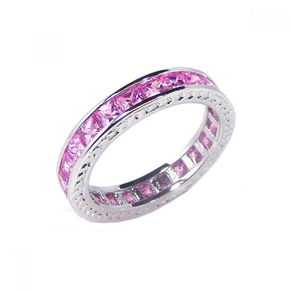 925 Silver Rhodium Plated Channel Set Pink Square CZ Eternity Ring
