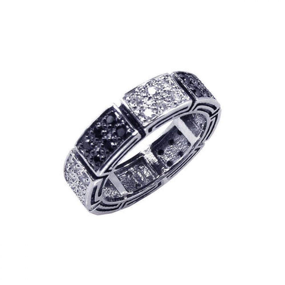 925 Silver Rhodium Plated Black Clear Pave Set CZ Eternity Ring