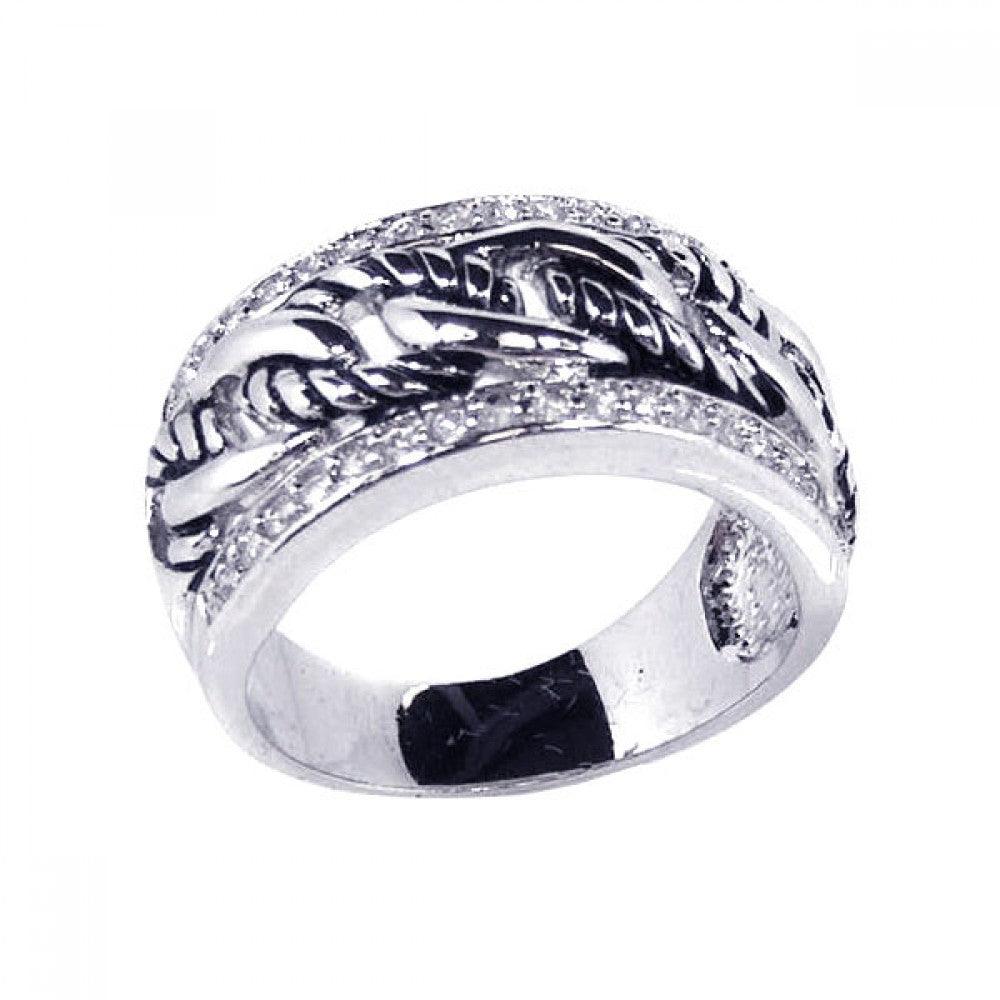 925 Silver Clearance-Rhodium Plated Clear Channel Set CZ Half Rope Link Ring