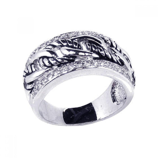 925 Silver Clearance-Rhodium Plated Clear Channel Set CZ Half Rope Link Ring