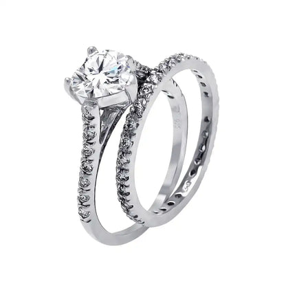 925 Sterling Silver Rhodium Plated Clear CZ Heart Bridal Ring Set