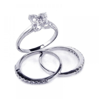 925 Silver Rhodium Plated Flower Center Clear CZ Bridal Ring Set