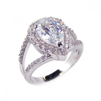 925 Silver Rhodium Plated Clear Tear Shape CZ Bridal Antique Ring