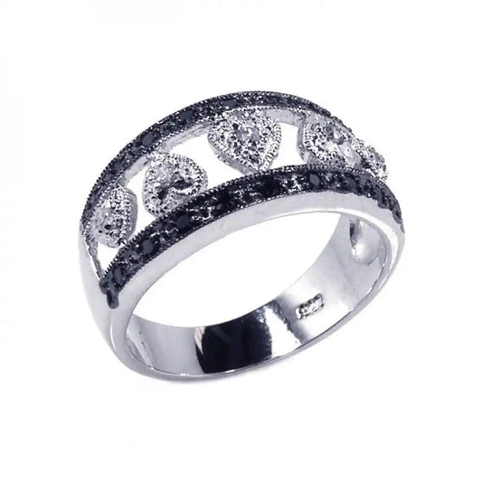 925 Sterling Silver Clearance Rhodium Plated Half Black Clear CZ Heart Ring