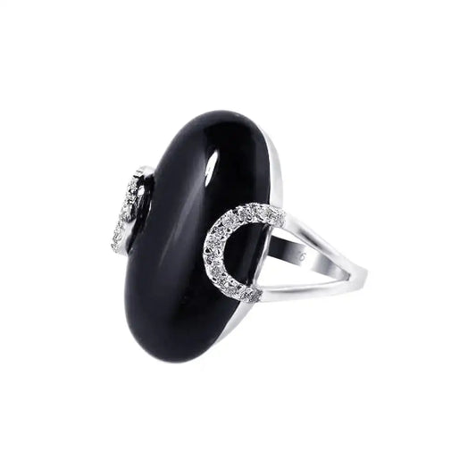 925 Sterling Silver Rhodium Plated Black Onyx Clear CZ Oval Ring