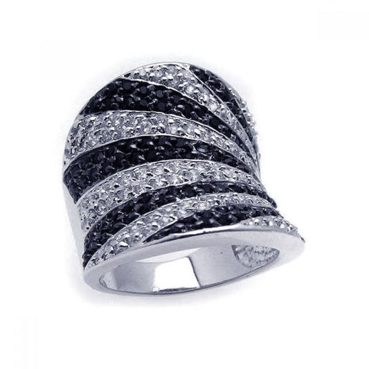 925 Silver Clearance-Rhodium and Black Rhodium Plated Clear and Black CZ Wide Stripes Ring