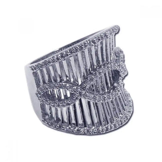 925 Sterling Silver Clearance Rhodium Plated Clear CZ Ornate Cigar Band Ring