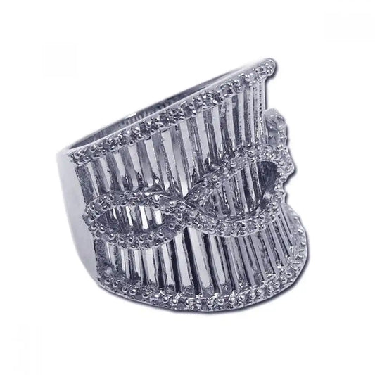 925 Sterling Silver Clearance Rhodium Plated Clear CZ Ornate Cigar Band Ring