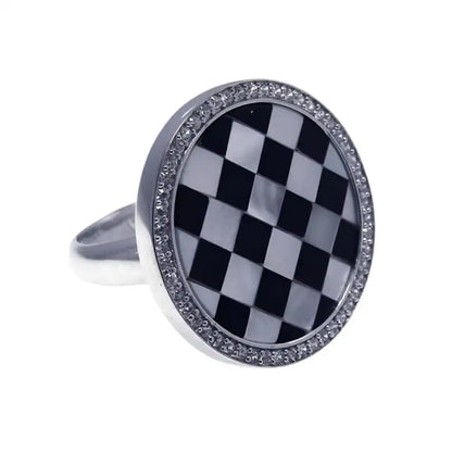 925 Sterling Silver Clearance Rhodium Plated Clear CZ Black and White Round Checker Ring