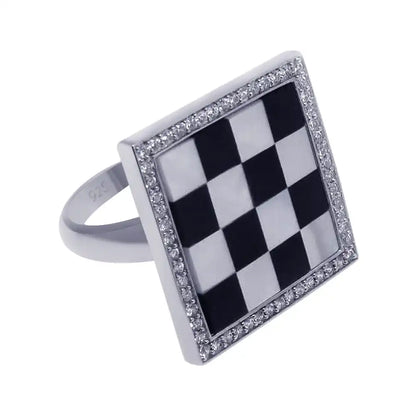 925 Sterling Silver Clearance Rhodium Plated Clear CZ Black and White Square Checker Ring