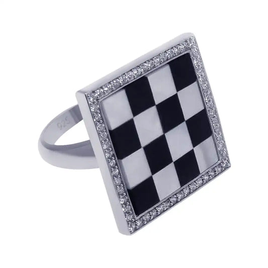 925 Sterling Silver Clearance Rhodium Plated Clear CZ Black and White Square Checker Ring