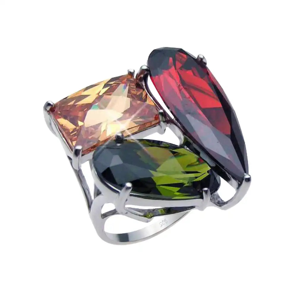 925 Sterling Silver Clearance Rhodium Plated Large Multi Colored CZ Shaped Ring
