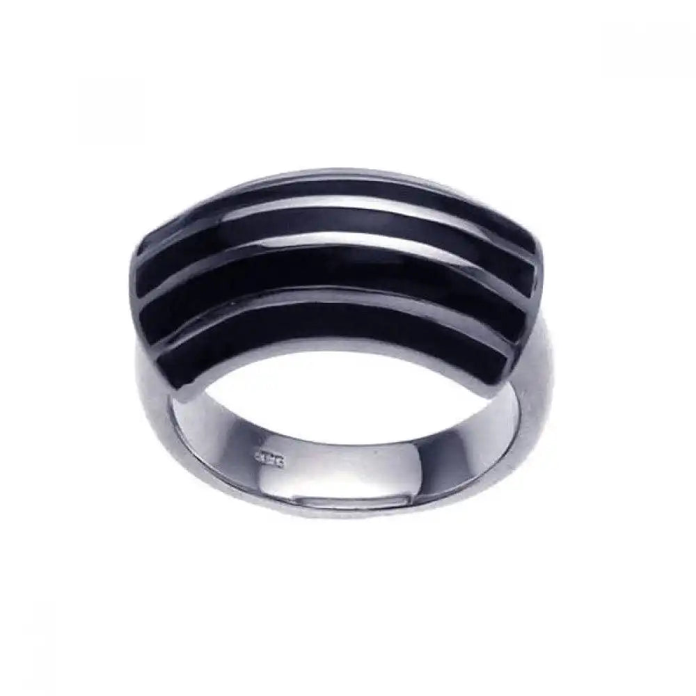 925 Sterling Silver Clearance Rhodium Plated Black Enamel Stripe Ring