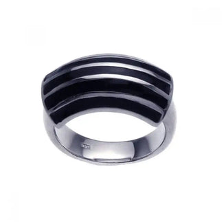 925 Sterling Silver Clearance Rhodium Plated Black Enamel Stripe Ring