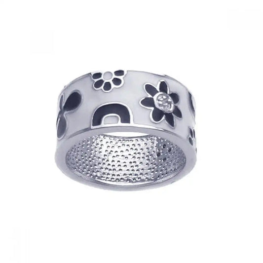 925 Sterling Silver Clearance Rhodium Plated White and Black Enamel Flower Ring
