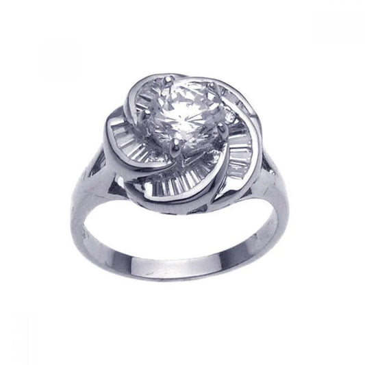 925 Sterling Silver Rhodium Plated Clear Center CZ Spiral Flower Bridal Ring