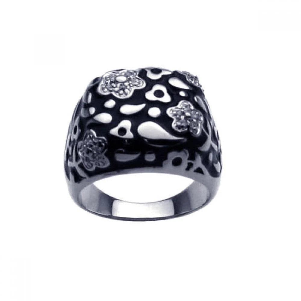 925 Silver Clearance-Rhodium Plated Black Enamel Clear CZ Flower Ring