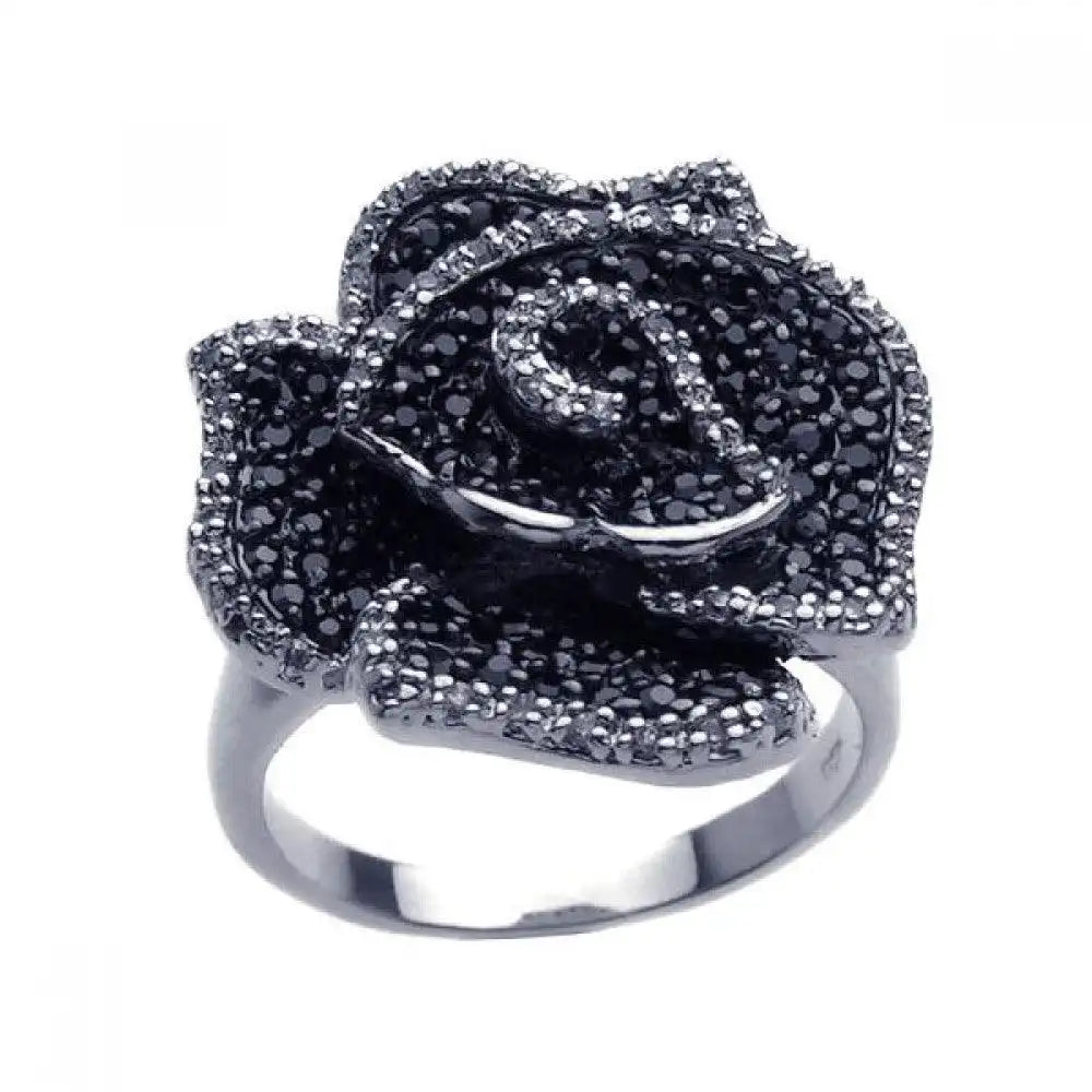 925 Sterling Silver Clearance Rhodium and Black Rhodium Plated 2 Toned Pave Set Black and Clear CZ Flower Ring