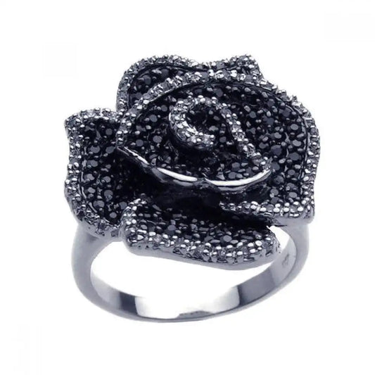 925 Sterling Silver Clearance Rhodium and Black Rhodium Plated 2 Toned Pave Set Black and Clear CZ Flower Ring